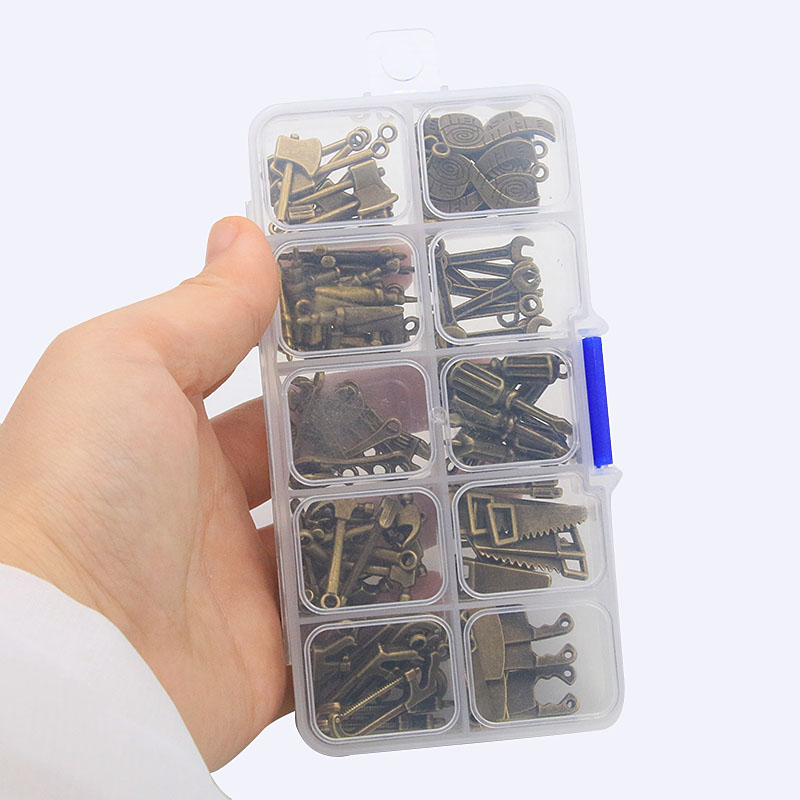 1Set 100Pcs/Lot 2Color 10Styles Hammer Saw Axe Charm Tool Pendant Kit With Box Material For DIY Jewelry Necklace Bracelet Making