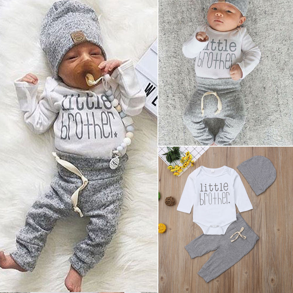 Autumn Winter 0-18M Newborn Infant Kid Baby Boys Clothes Sets 3PCS Letter Long Sleeve Romper Tops+Grey Pants+Hats New Style 2021