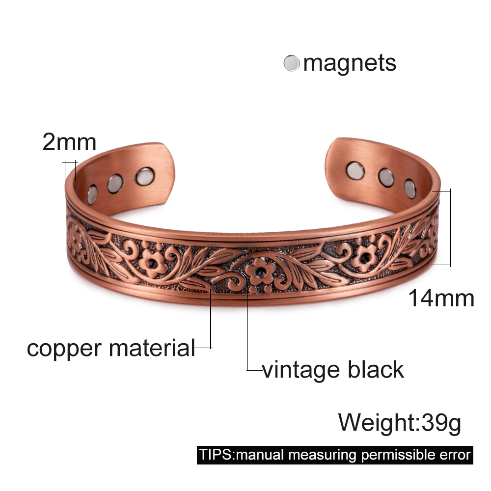 Vinterly Magnetic Copper Bracelets Men Wide Health Energy Magnet Vintage Flower Adjustable Open Cuff Bangles for Women Resizable