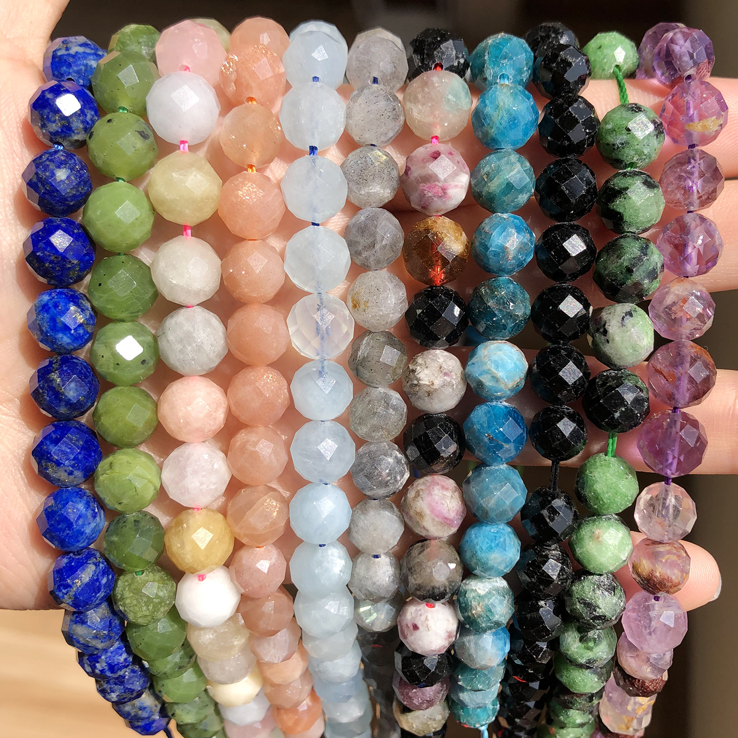 AAA Natural Apatite Aquamarines Sunstone Tourmaline Gems Beads Faceted Stone Beads for Jewelry Making Bulk DIY Bracelets 7.5inch