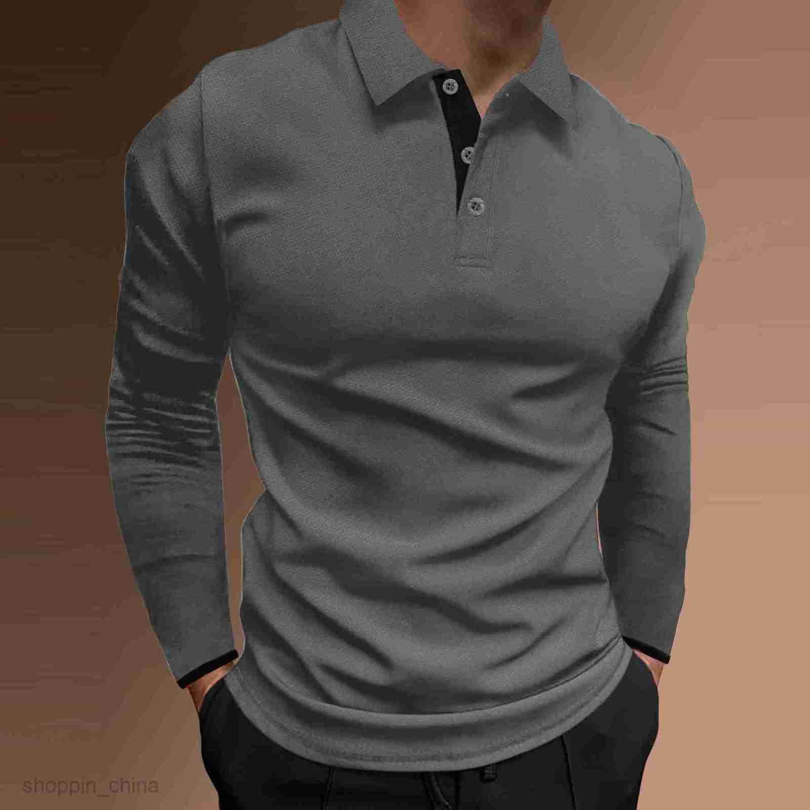 Men Polos Shirts Male autumn sports fitness leisure stand up collar elastic vertical strip long sleeved POLO tops