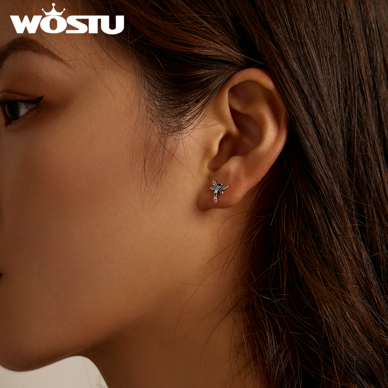 WOSTU 100% 925 Sterling Silver Rainbow Insect Bee Beetle Spider Butterfly Dragonfly Stud Earrings For Women Fine Jewelry Gifts