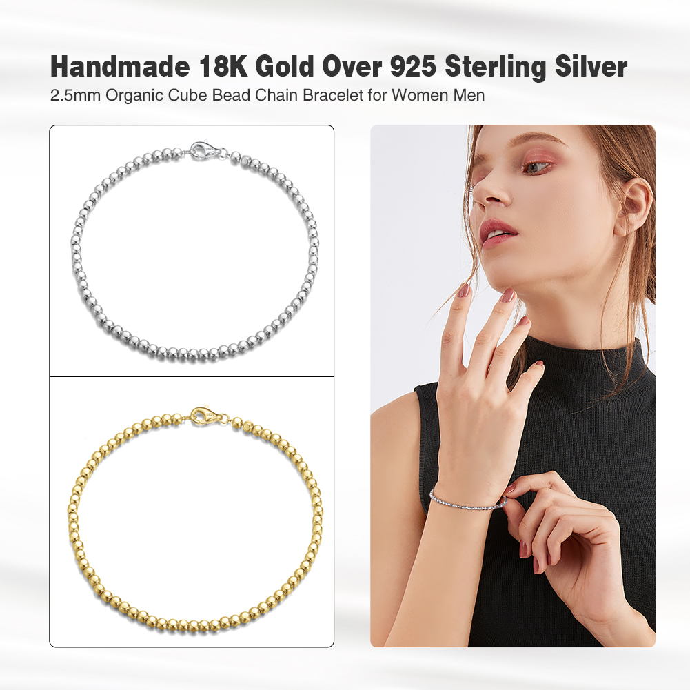 ORSA JEWELS 925 Sterling Silver Italian 2.5mm Organic Cube Bead Chain Bracelet for Women Men Beads Bracelet Fine Jewelry SB124