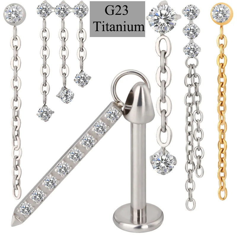 1Pc G23 Titanium Chain Dangling Cartilage Earrings Stud 16g Internally Threaded CZ Gem Helix Ear Tragus Piercing Jewelry