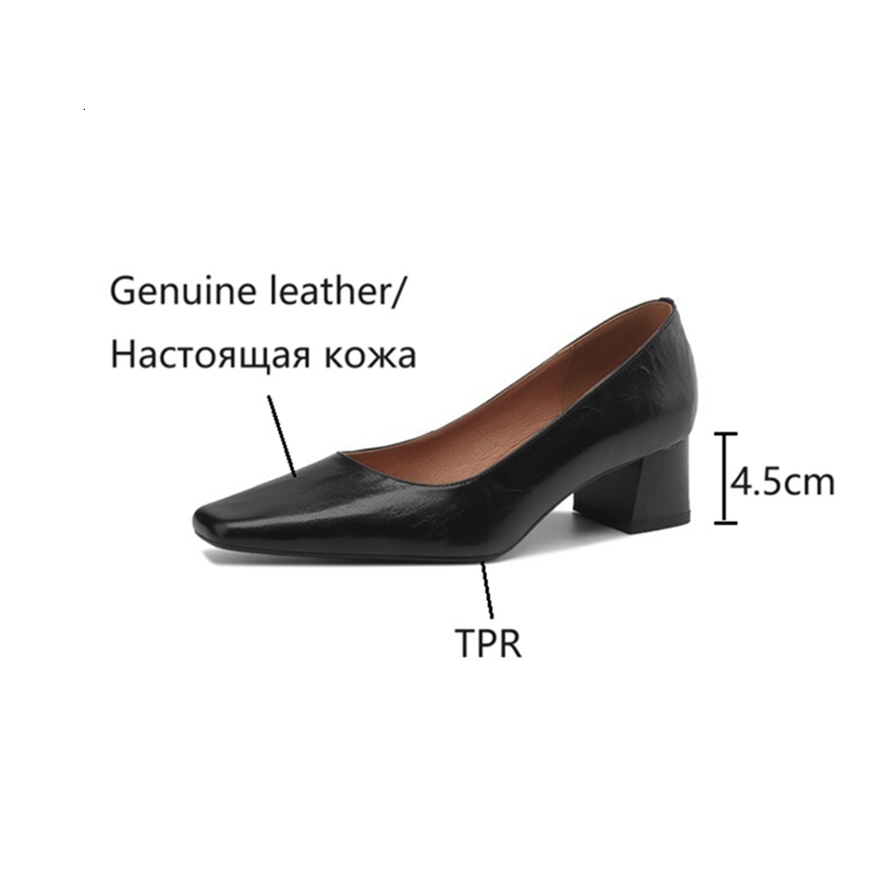 NEW Spring/Autumn Pumps Genuine Leather For Square Toe Chunky Heel Women Elegant Mid-Heel Office Shoes