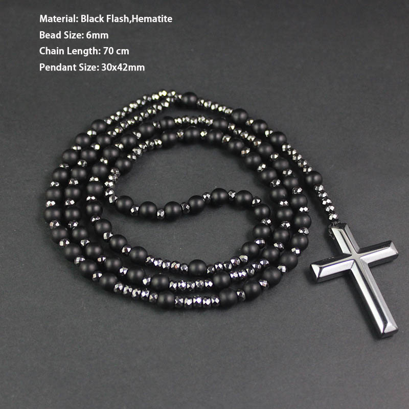 Religious Cross Pendant Necklace Men Hematite Beads Necklace Black Flash Beads Necklace Women Chart Long Chain Necklace QJ-01