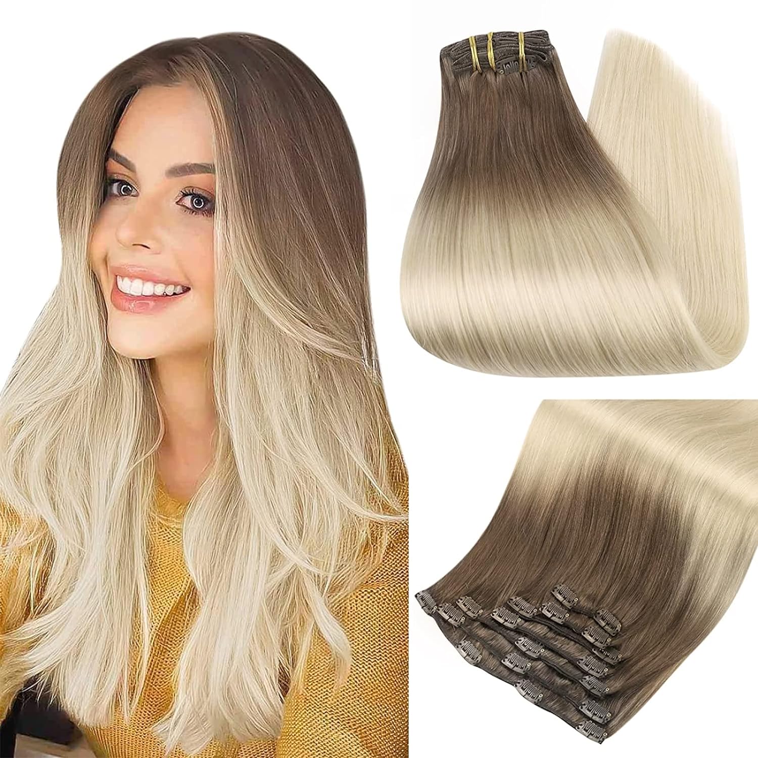 Full Shine Human Hair Extensions Clip in Hair Extensions Balayage 7pcs 120g Double Weft Hair Extensiona Human Hair For Woman
