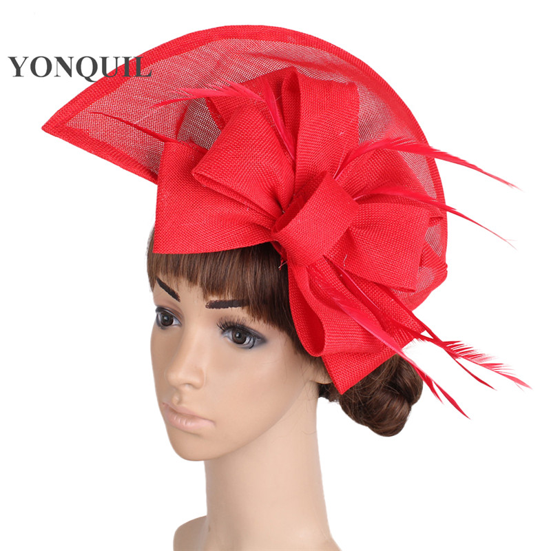 Women Vintage Big Derby Loop Fascinators Hats Red Ladies Event Feather Headwear Race Hair Accessories Fedora Pillbox Hats SYF66