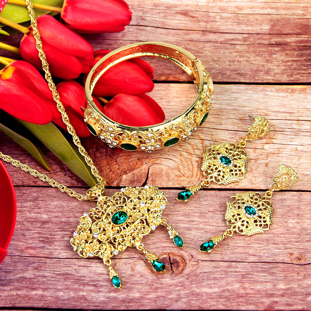 Sunspicems Gold Color Indian Wedding Jewelry Sets Necklace Earring Bangle Arabic Morocco Ethnic Banquet Bijoux Bride Gift 2020