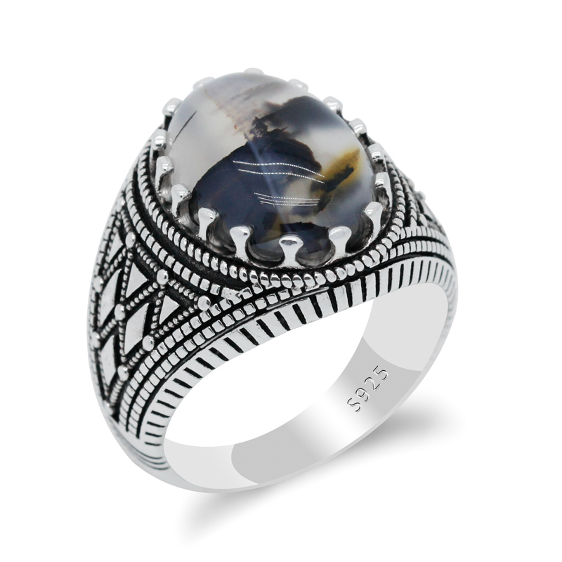 Vintage Mens Ring 925 Sterling Silver With Oval Natural Agate Stone Plaid Stripes Design Turkish Rings Jewelry to Husband Gift