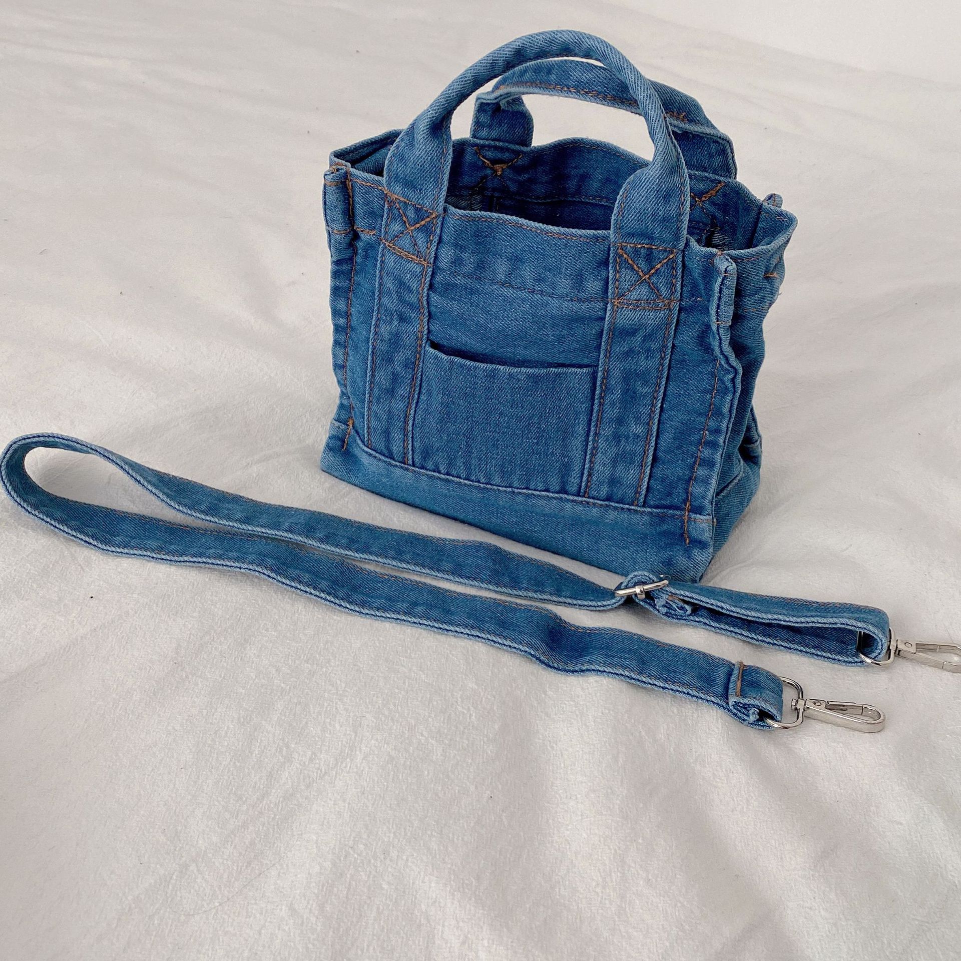 Denim Cloth Women Mini Shoulder Bag Girl Blue Canvas Fabric Handbag Small Casual Tote Detachable Strap Lady Little Zipper Purse