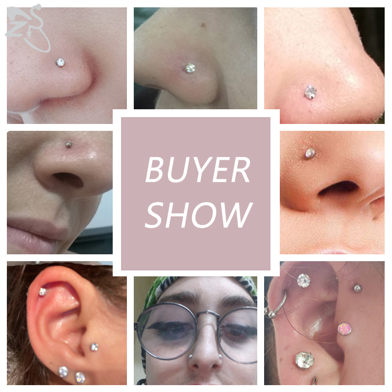 ZS 3-4pcs/lot G23 Titanium Nose Piercing Set 2/3MM Round CZ Crystal Nose Studs 20g Screw Bone L-Shaped Nostril Piercing Jewelry