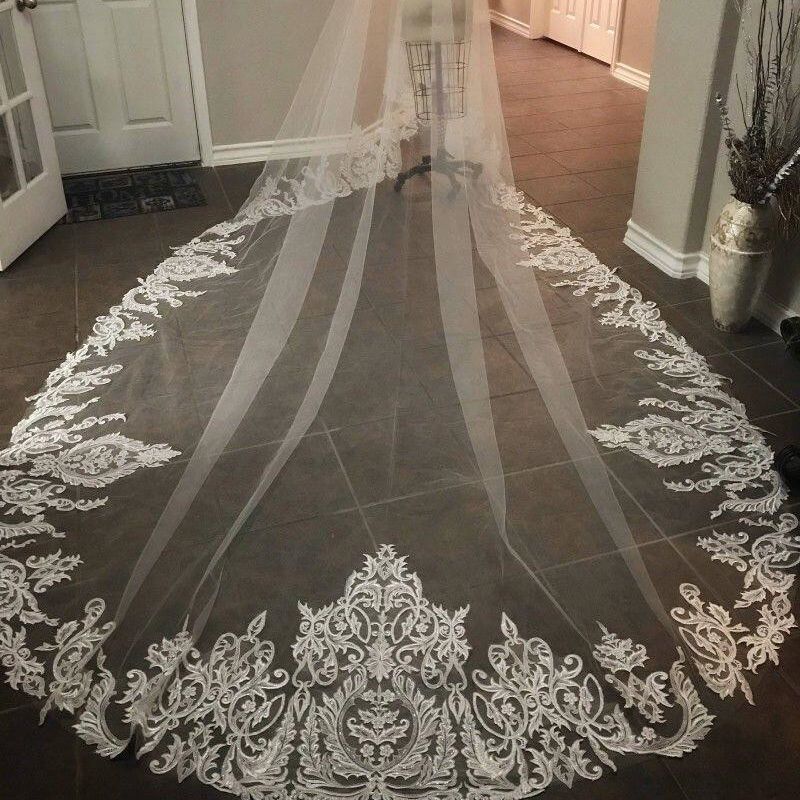 Elegant Wedding Veils White Ivory Lace 300-200 CM Cathedral Length Appliqued Edge Bridal Wraps Cover Face