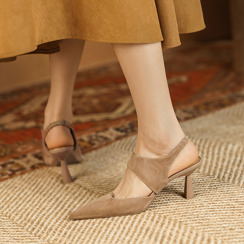 2024 New Spring Suede Genuine Leather Retro Slip-On Pumps Pointed Toe Shoes Heels Women 68