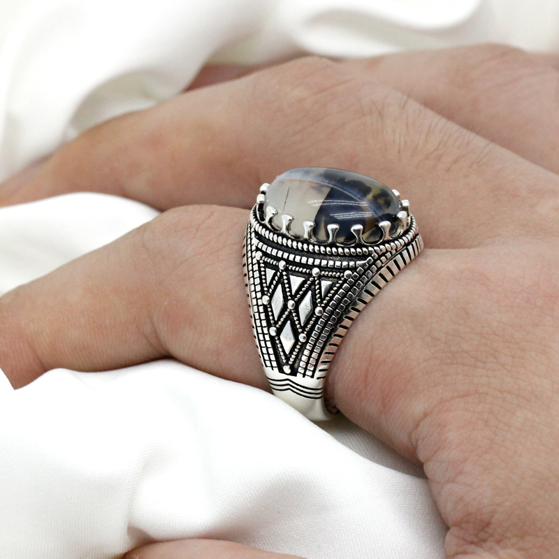 Vintage Mens Ring 925 Sterling Silver With Oval Natural Agate Stone Plaid Stripes Design Turkish Rings Jewelry to Husband Gift