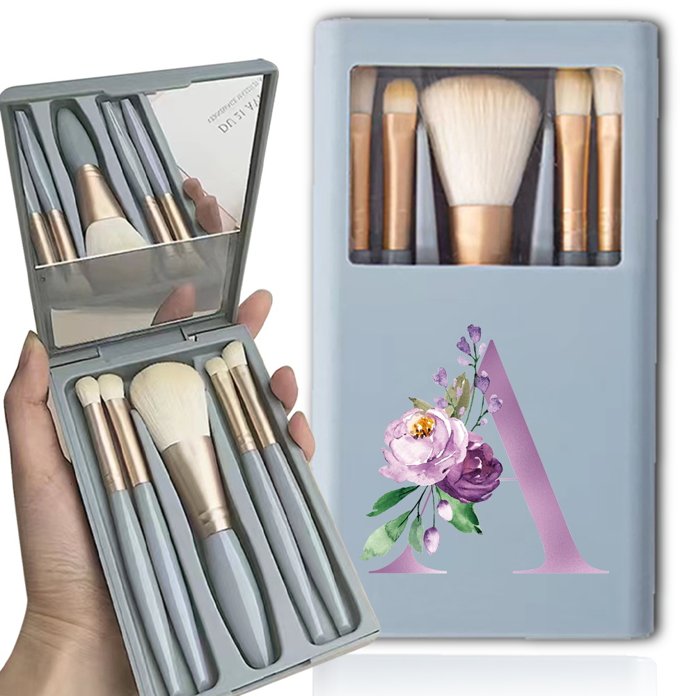 5Pcs Makeup Kit With Mirror Women Durable Cosmetic Brush Case Beauty Tools Brushes Storage Box Purple Letter Pattern