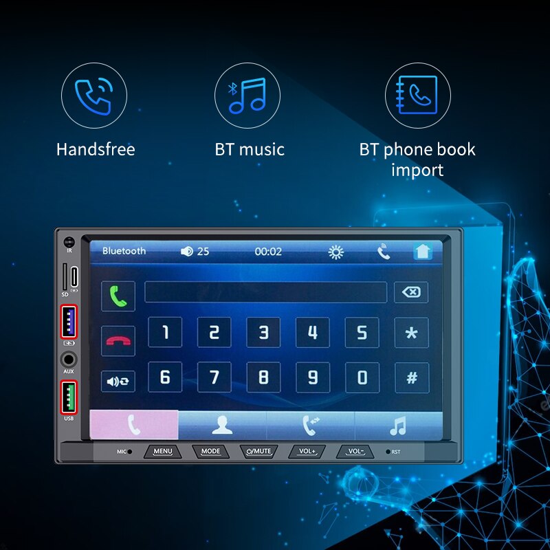 Acodo Car MP5 Player 7'' 2Din Radio Touch Screen Automotive BT FM TF Mirror Link Monitor Aux SD 3 Charging Ports Radio Stereo