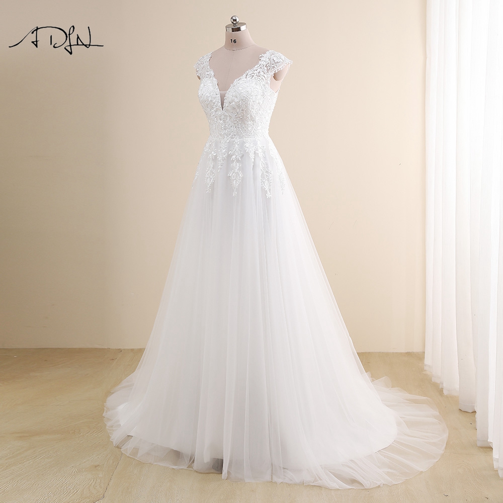Modest V-neck Cap Sleeves Wedding Dresses Plus Size A Line Gowns Tulle Lace Applique Robe De Mariee Customized