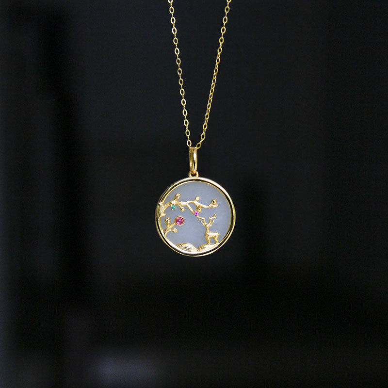 Ancient gold craftsmanship inlaid sika deer natural Hetian jade double-sided wear necklace pendant Chinese style ladies jewelry