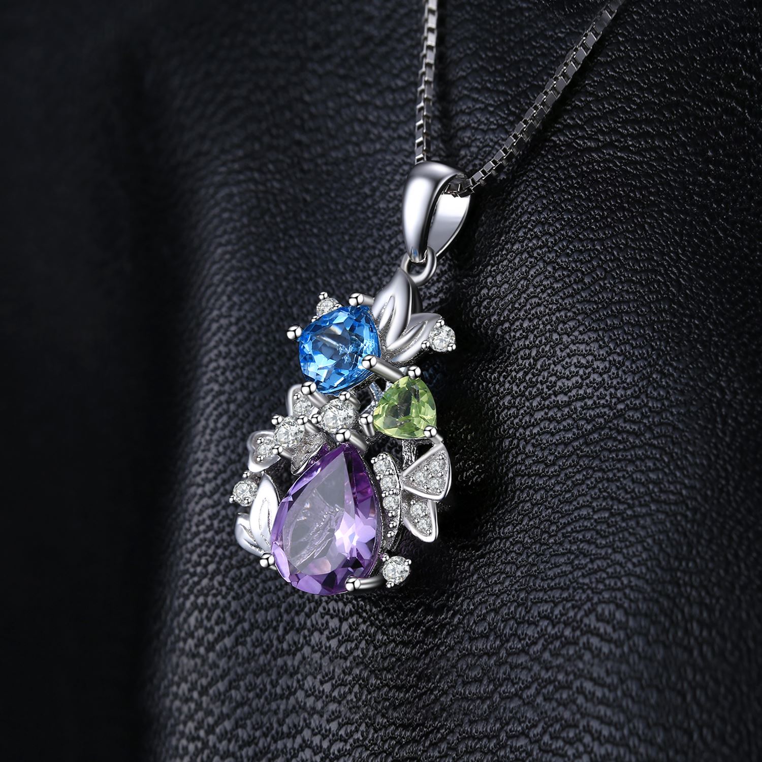 JewelryPalace Natural Amethyst Blue Topaz Peridot Chrome Diopside Flower Pendant Necklace 925 Sterling Silver Women No Chain