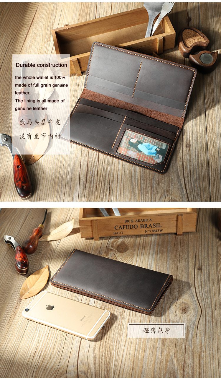 Handmade Vintage Cowhide Genuine Leather Men Wallet Leather Long Wallet Clutch bag tough Male Purse Money Bag Money Clips WF219