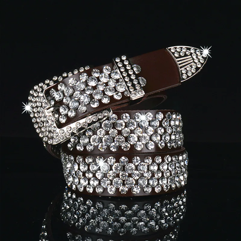 Vintage Rhinestone Skull Belts Wide Buckle Belt For Women Ladies Second Layer Cow Skin Top Quality Strap Female For Jeans