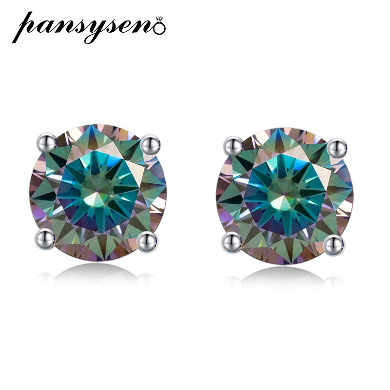 PANSYSEN 100% 925 Sterling Silver 2CT Round VVS1 Real Moissanite Stud Earrings for Women Wedding Engagement Fine Jewelry Gift