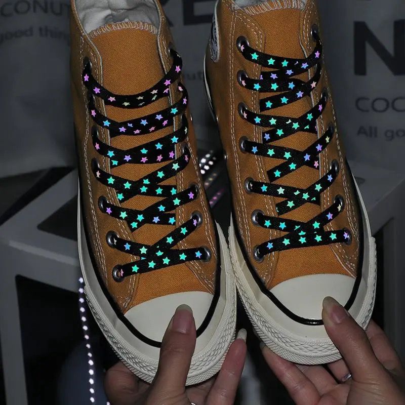 1Pair Reflective Shoelaces Glow Holographic Cool Sneakers Running Shoes Lace Adult Children Sports White Star Shoelace Strings