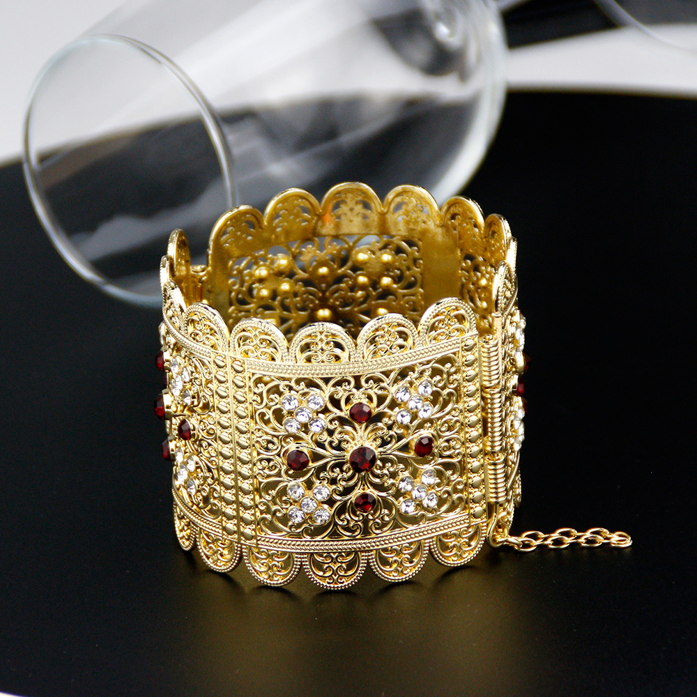 Sunspicems Gold Color Algeria Bangle Big Size For Women Crystal Flower Cuff Bracelet Ethnic Morocco Bride Wedding Jewelry