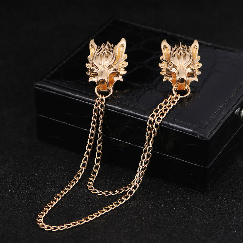 New Punk Chain Wolf Pin Brooches for Men's suit Brooch Collar Decorated Wolf Head Shirt Accessories Tide Corsage Brooch Pins