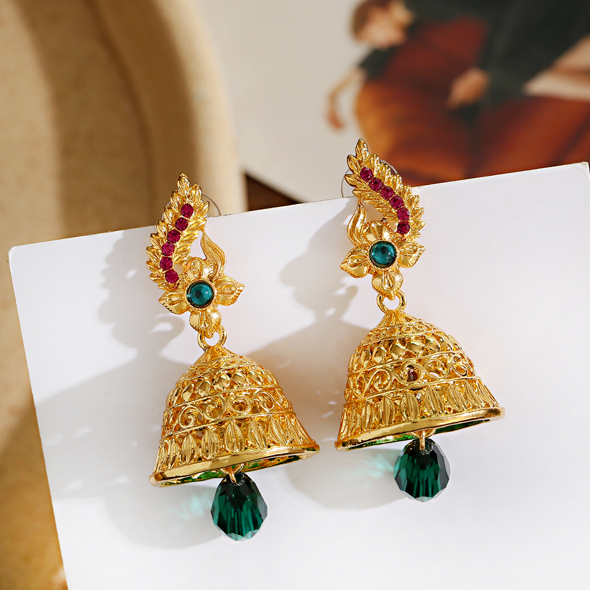 Retro Big Gold Color Bells Alloy Indian Jhumka Earrings Women's Vintage Peacock Pearls Beads Turkey Earrings Bijoux