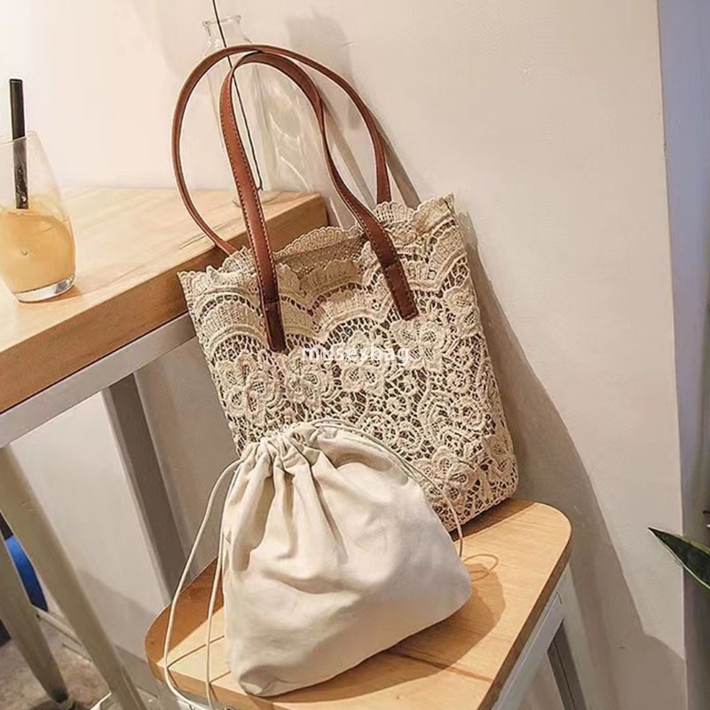 High quality women's designer leisure large capacity spring/summer new grass woven bag lace bucket mother child hollow beach bag cross-border hot