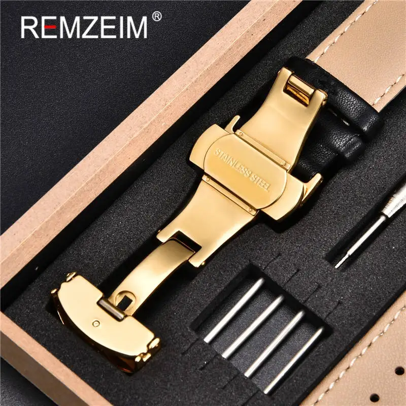 REMZEIM Soft Calfskin Leather Watchbands 18mm 20mm 22mm 24mm Straps Automatic Butterfly Clasp Watch Accessories With Box