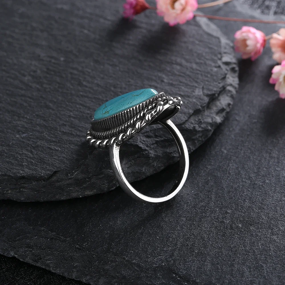 Big Stone 11*25mm Natural Turquoise Ring for Women Sterling Silver 925 Rings Retro Design Fine Jewelry Gifts Luxury Finger Ring