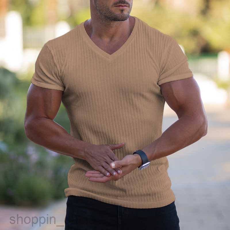 Men's T Shirts Summer Sports Fitness Leisure Solid V Neckline Short Sleeve Men tees tops