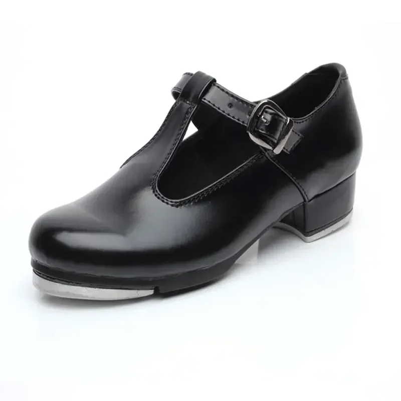 T Shaped Patent Leather Tap Dance Shoes For Girls Women Low Heel Black Hip-hop Jazz Step Dance Shoes Clogging Shoes Size 26-42