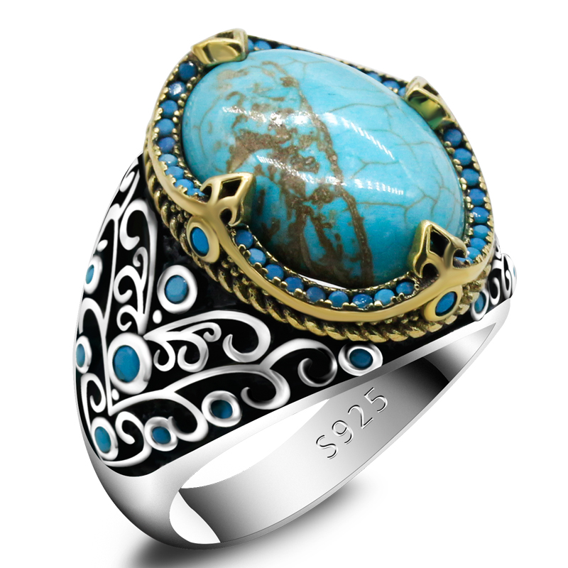 New Men's Vine Ring 925 Sterling Silver Natural Turquoise Anchor Ring Retro Antique Turkish Handmade Jewelry Husband Gift