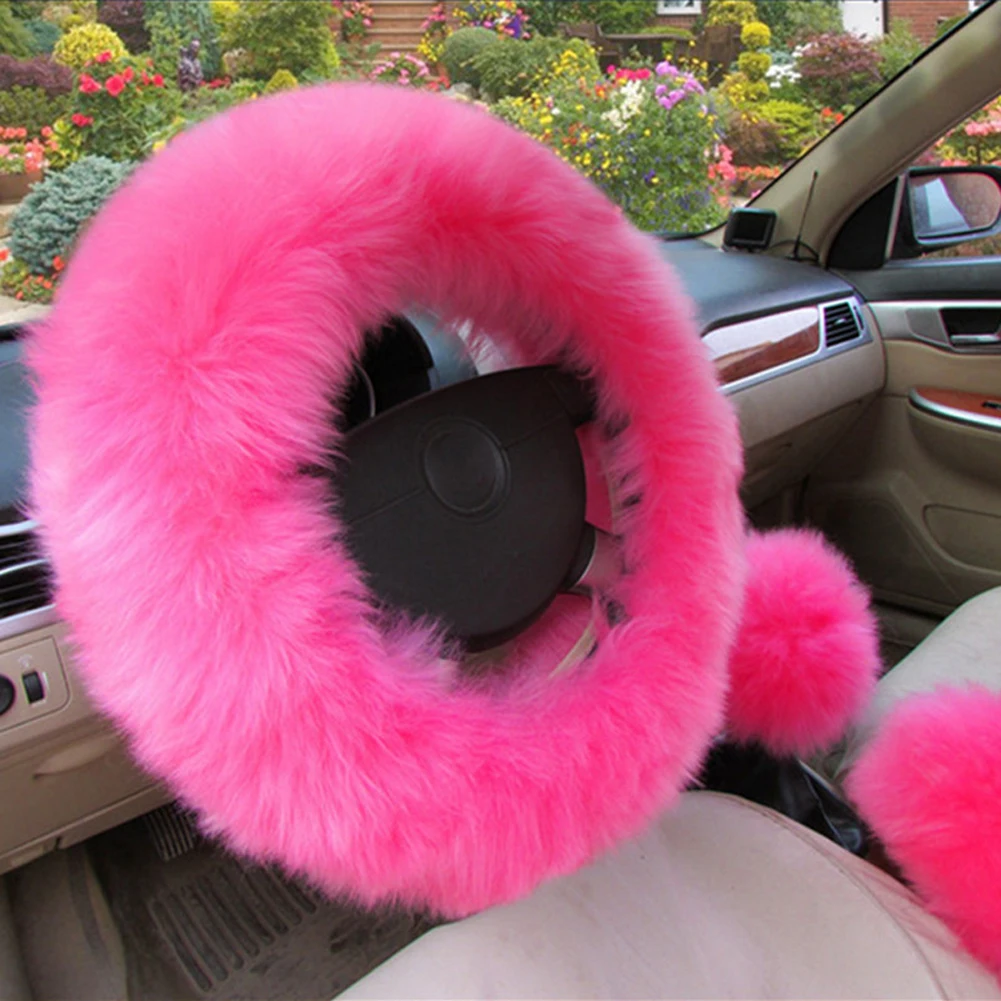 3pcs 38cm Soft Winter Long Plush Warm Car Steering Wheel Cover Furry Handle Sleeves Woolen Handbrake Auto Accessories Black