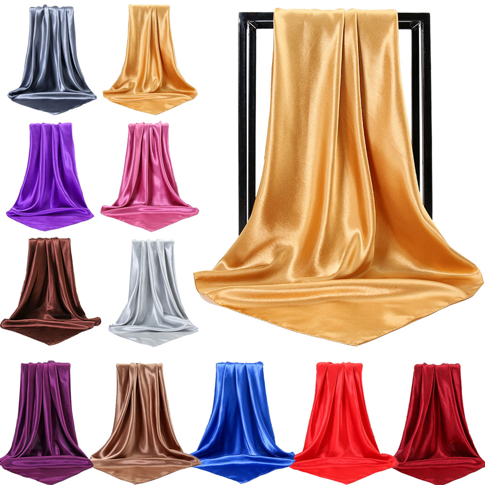 Bufanda de seda satinada para mujer, Hijab liso, chal de envoltura cuadrada brillante, cubierta para la cabeza y el cuello, banda para el pelo lisa, F