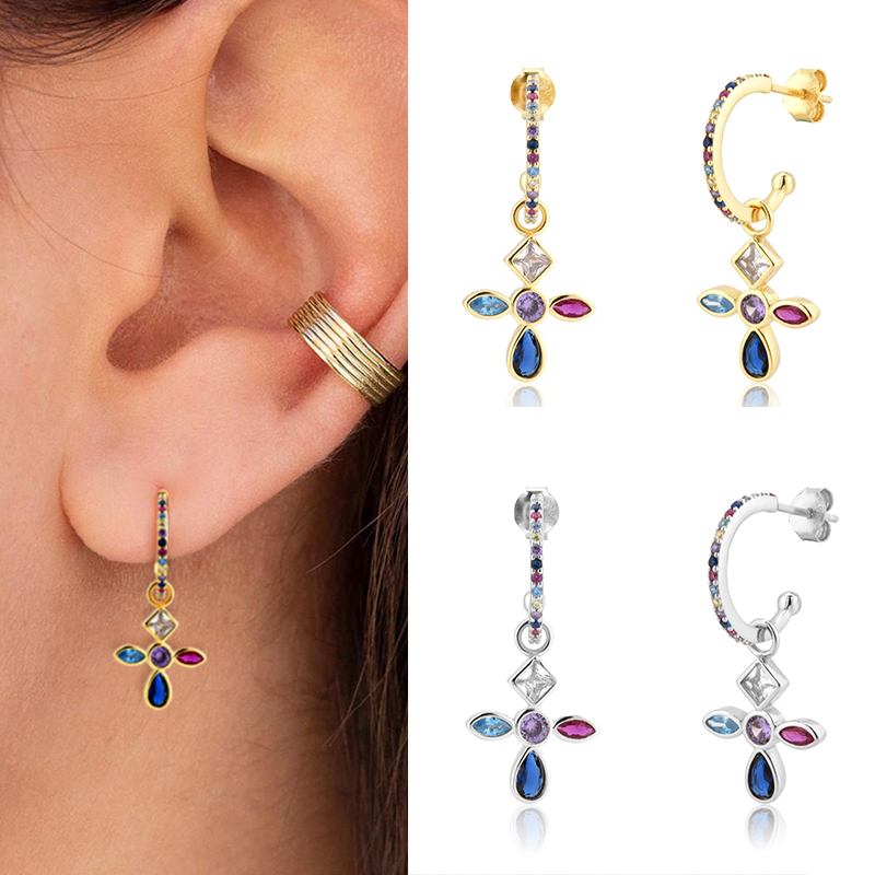 ROXI Copper Colorful Cross Hoop Earrings for Women Girls Summer Jewelry Earring Brincos C Shape Ear Studs Long Huggie Earrings