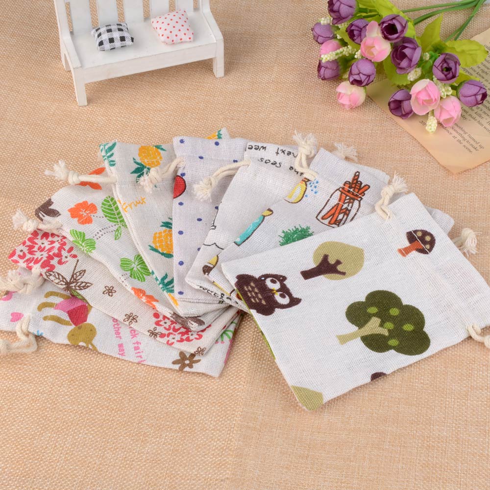 5/10pcs/lot Lovely Pattern Burlap Gift Bag Jewelry Drawstring Pouch For Jewelry Packaging Christmas Wedding Gift Candy Bags