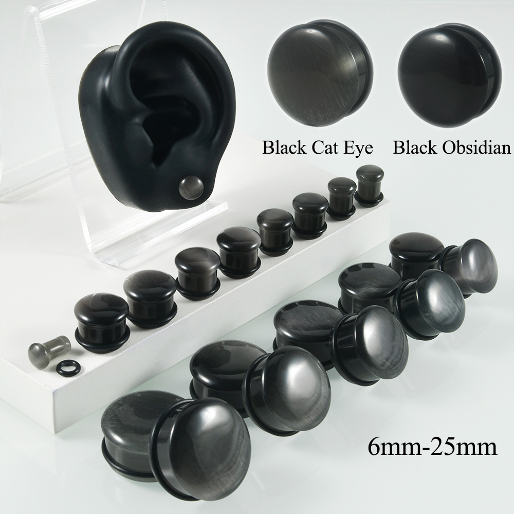 1Pai Black Obsidian Stone Single Flared Ear Plug Polished Convex Surface Solid Cat Eye Ear Expander Gauge Piercing Jewelry 2G-1"