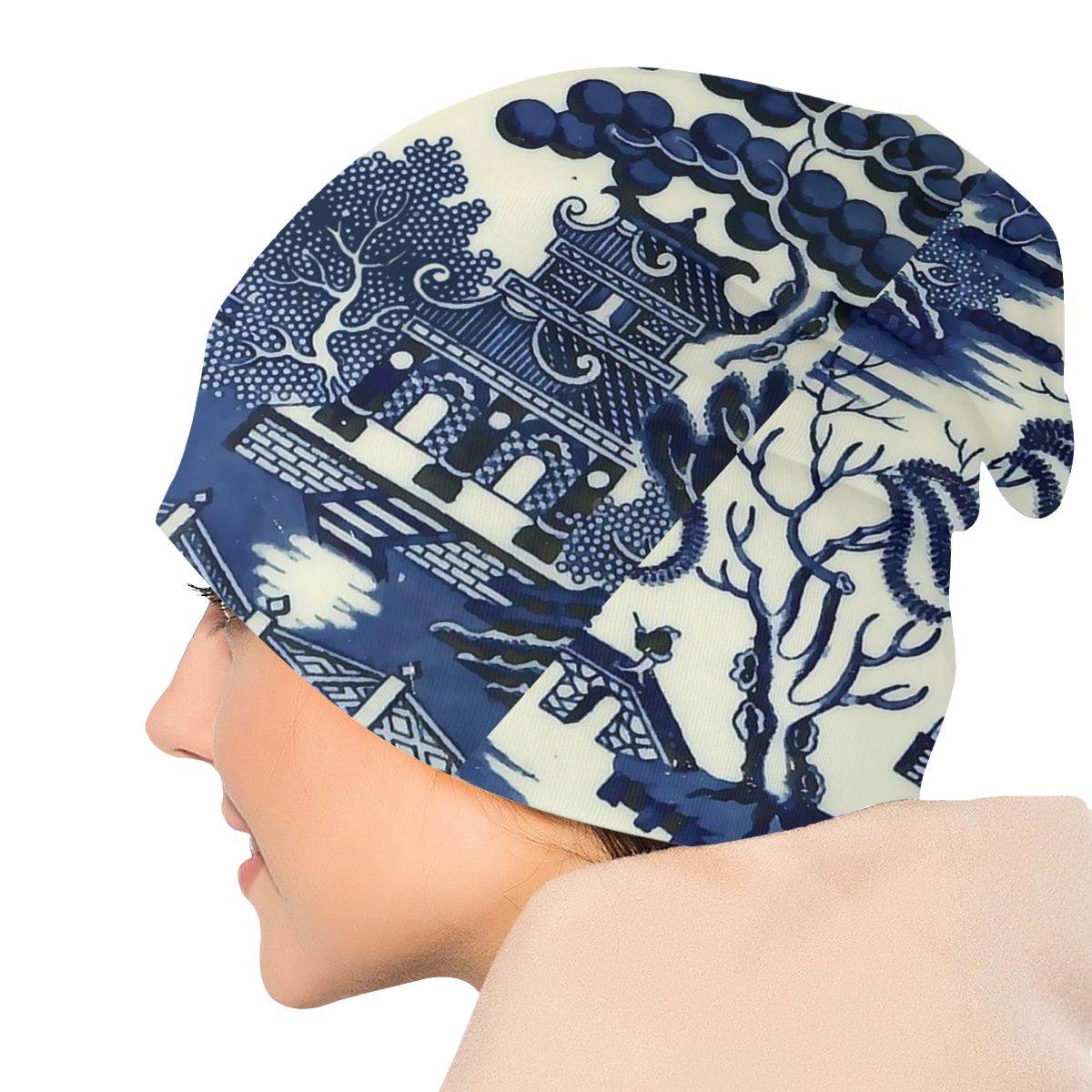 Antique Willow Ware Oriental Toile Skullies Beanies Blue Delft Hat Casual Unisex Cap Summer Warm Head Wrap Bonnet Knit Hat