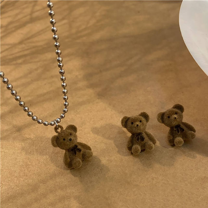 3D Flocking Bears Stud Earrings Necklaces Set Brown Khaki Bear Pendant Necklace Women Girls Ear Studs Earring Jewelry Gifts