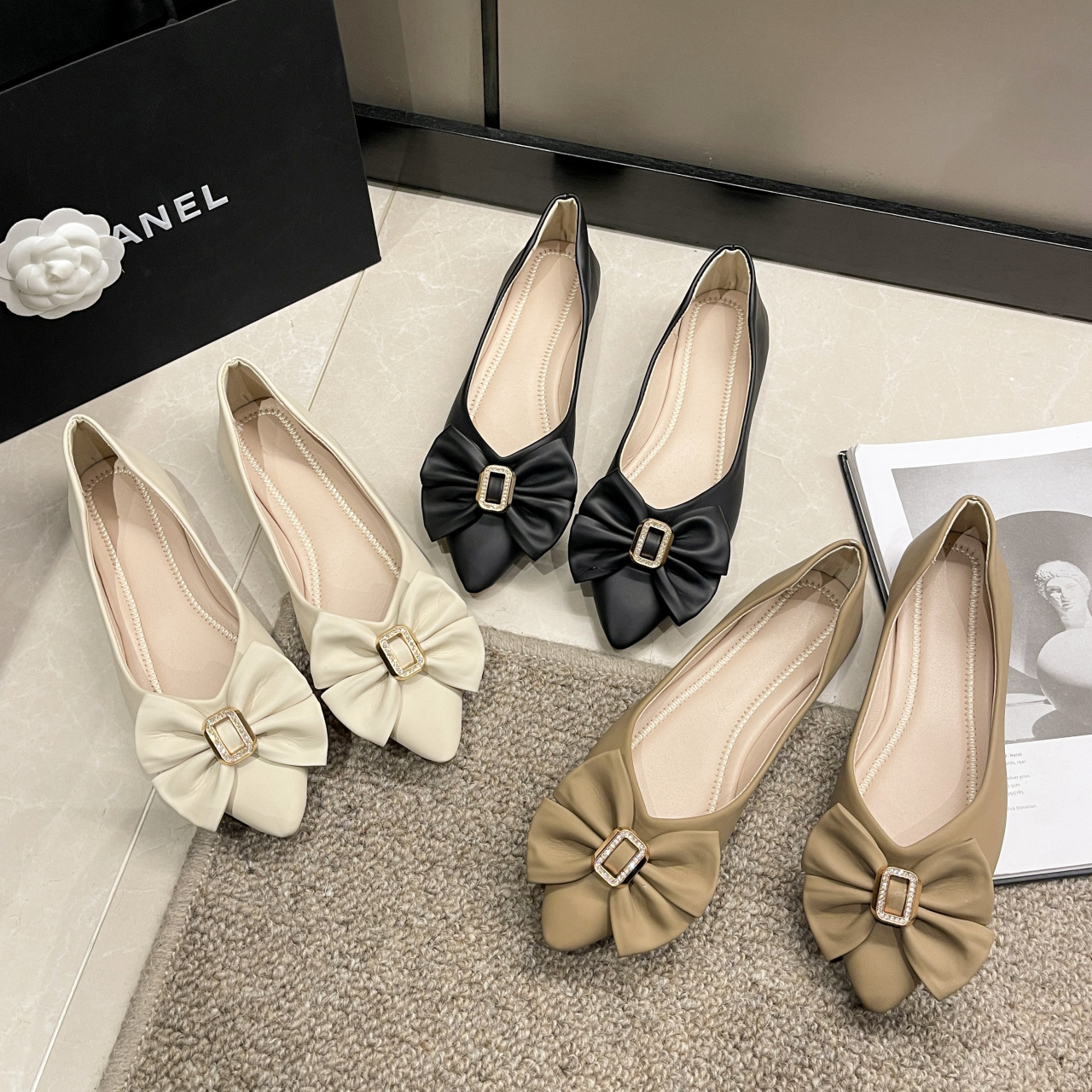Soft sole single shoes women 2024 spring/summer new bow pointy fashion all match flat shoes a slip-on bean shoes