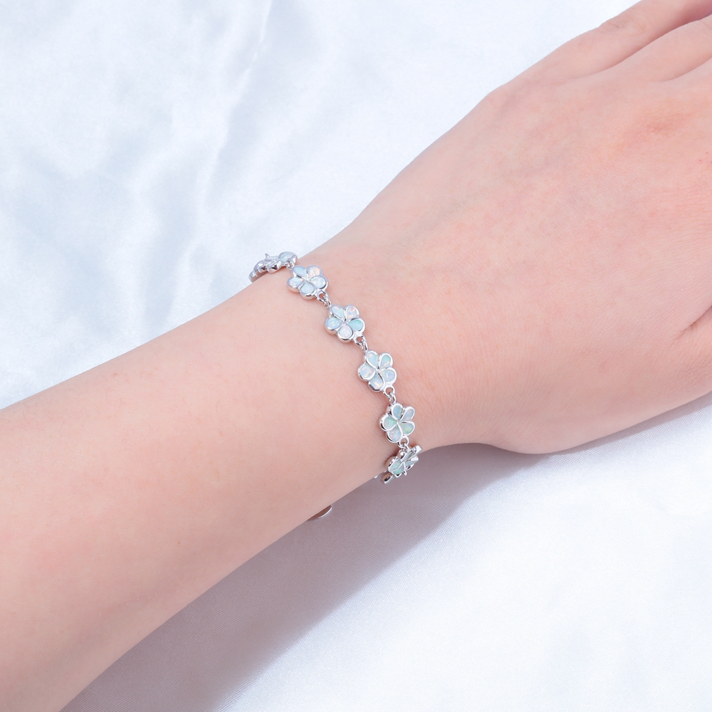 CiNily White/Blue/Pink Fire Opal Stone Wide Chain Bracelet Silver Plated Violet Cherry Blossom Flower Bohemia BOHO Jewelry Woman