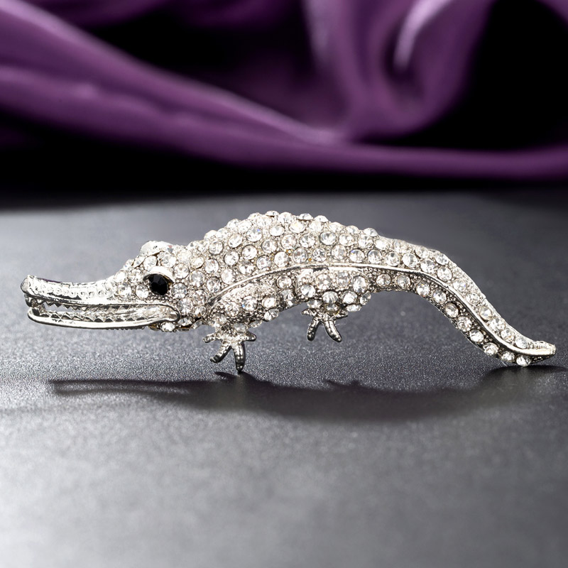 Zlxgirl Cool crocodile animal Brooches for men's Jewelry White Rhinestone Crystal Hijab Pins and Scarfs Clip men's jewelry