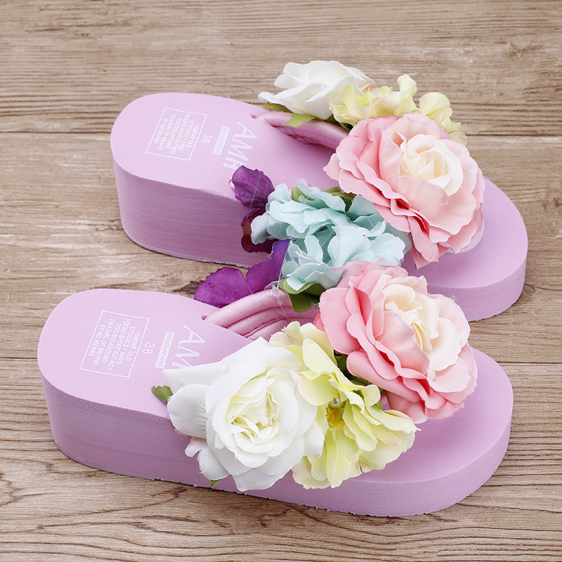 Bohemia Flowers Woman Beach Flip Flops Summer Style Slides Resistant Slippers Platform Shoes Woman Hit Color Wedges Slippers