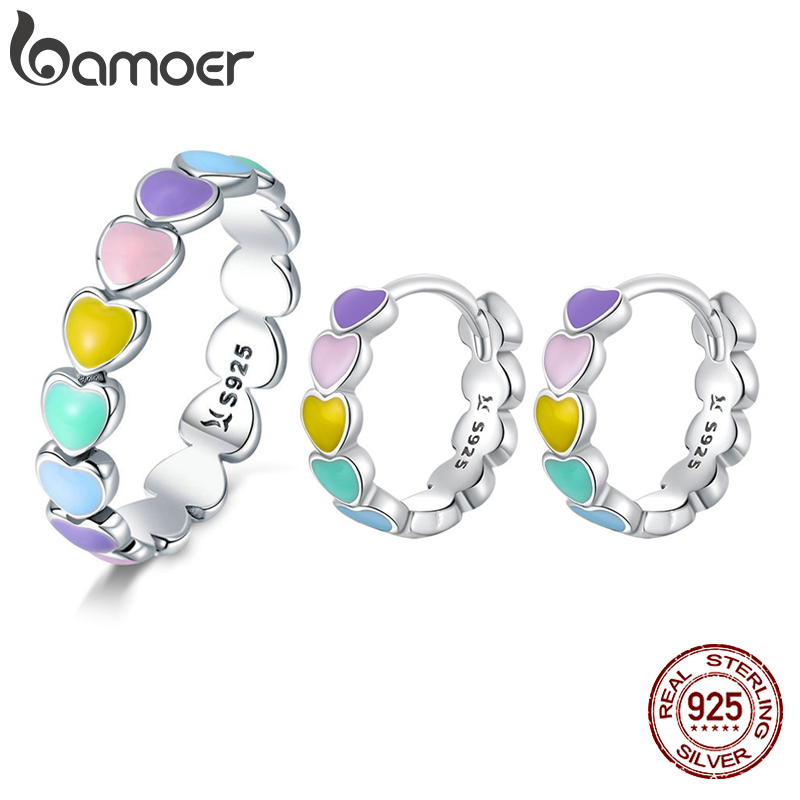 Bamoer 925 Sterling Silver Rainbow Series Heart to Heart Ring & Earrings Jewelry Set for Women Fine Jewelry Gift