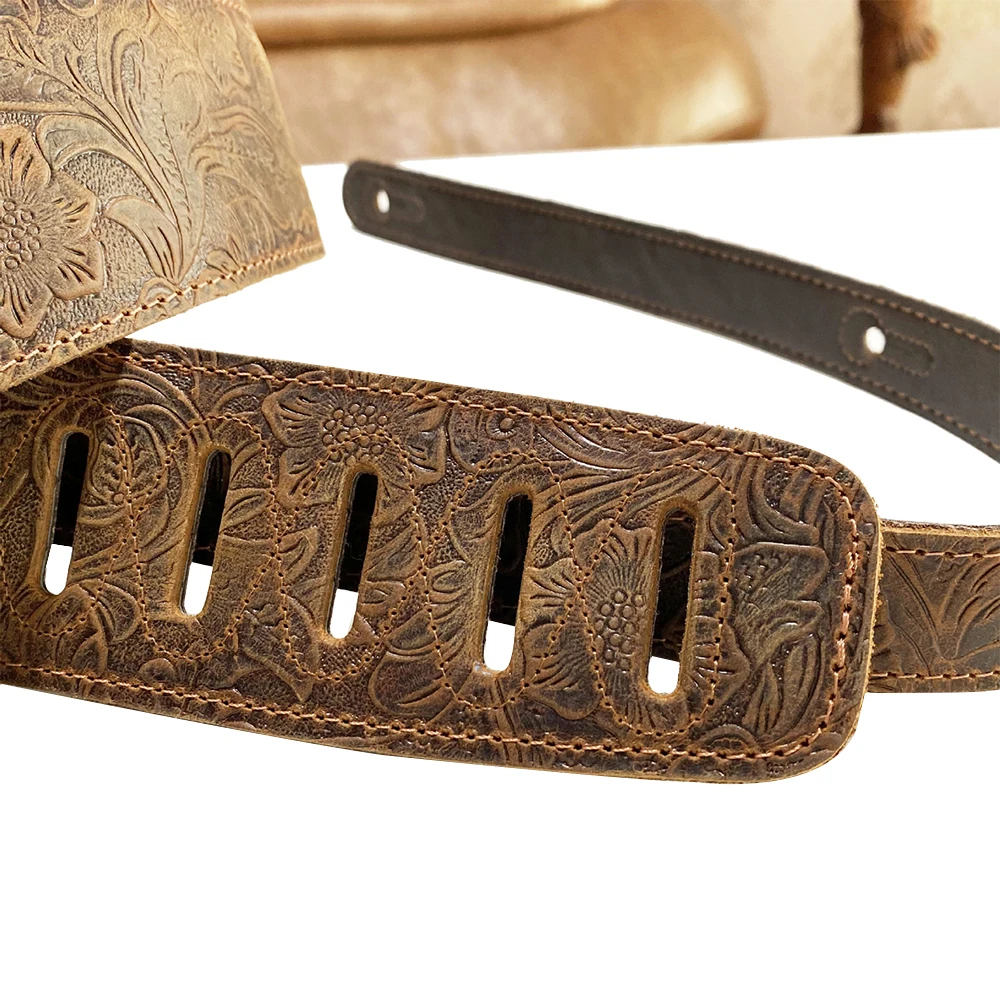 Master Handmade Cowhide Leather Soft Guitar Strap Brown Embossed Retro Folk Acoustic Guitar Electric Bass Belt Music Accessories